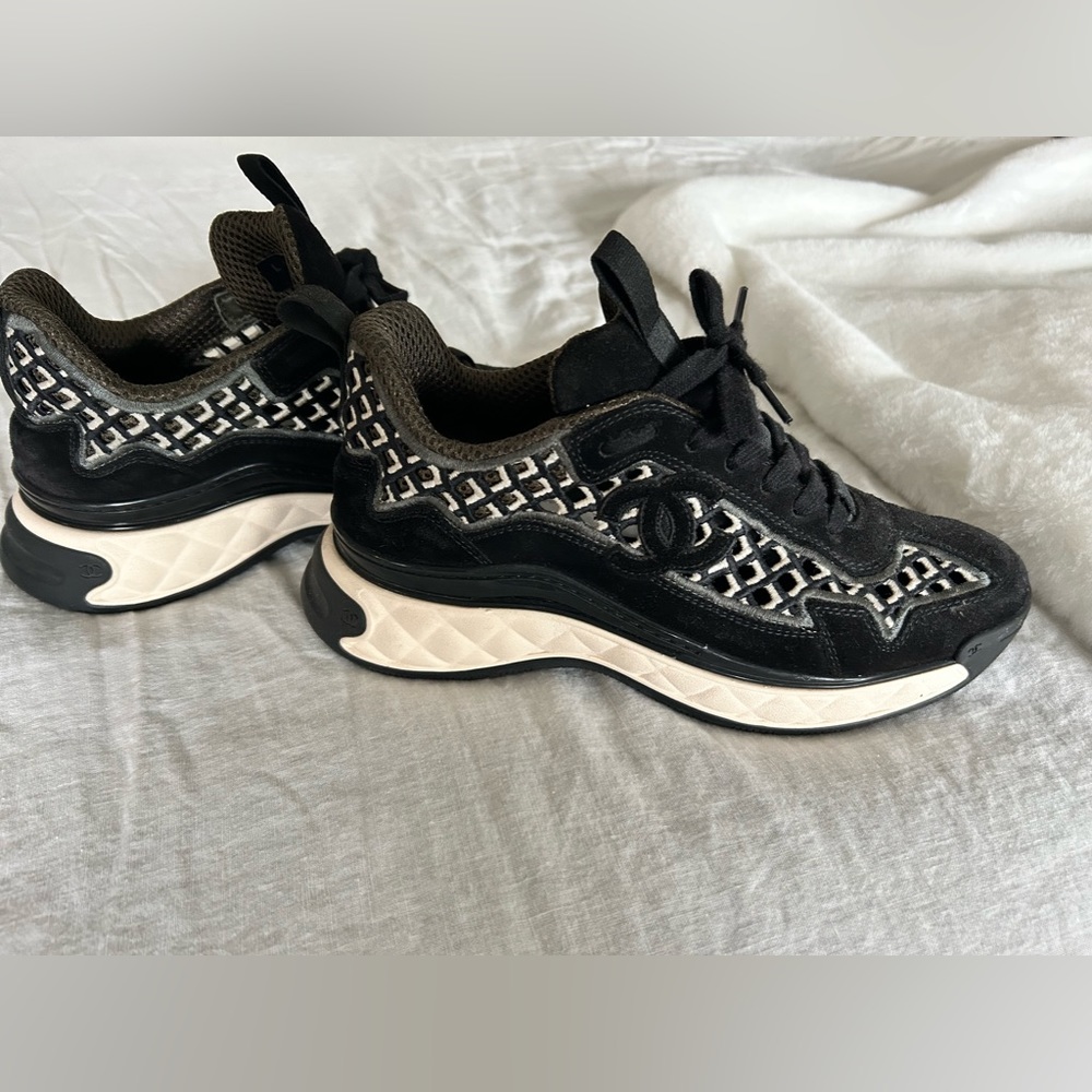 Authentic Chanel Black Perforated Suede Trainers